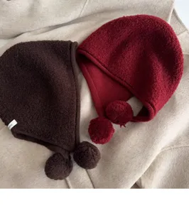 Korean style autumn winter 100% wool knitted balaclava hat with cute pom pom and earflaps.