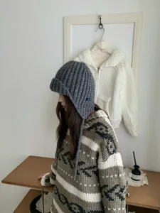 Knit balaclava earflap hat for women winter warm wool thick knitted bomber hat detail view
