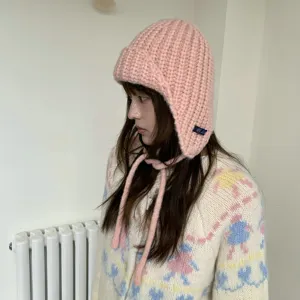 Winter Warm Knitted Balaclava Hat Women Thickened Ear Protection Windproof Fleece Solid Color Casual Beanie Hood