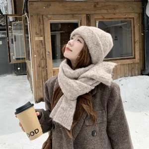 Cozy soft knitted hat and scarf set for women winter warm outdoor cycling woolen cap