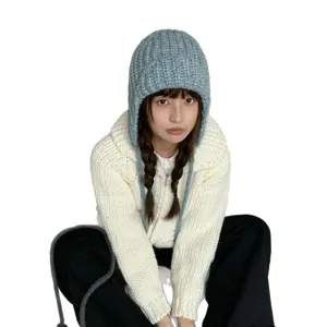 Chunky knit balaclava earflap hat for women, cozy winter thermal knitted beanie hat main view.