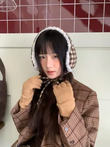 Cozy thick plush plaid earmuffs for women winter warm ear cover retro style 2024