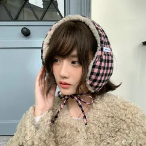 Thick plush plaid earmuffs for women, winter warm cute ear warmers with windproof chin straps.