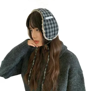 Plush plaid ear warmers for women winter thick cozy ear muffs with ties korean style