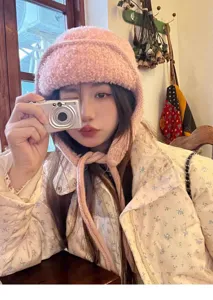 Koreanische rosafarbene Plüsch-Trapper-Mütze für Damen, süße dicke warme Winter-Strickmütze.