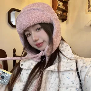 Damen Winter Warm Strick Ohrenklappenmütze Fleecegefüttert Einfarbig Süße Bomber Mütze Casual Süßer Stil Beanie