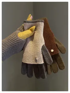 Gants tricotés sans doigts pour femme hiver chaud colorblock laine cyclisme élégant