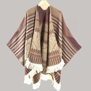 Ethnic style knitted poncho shawl warm winter cape with fringe boho design for women