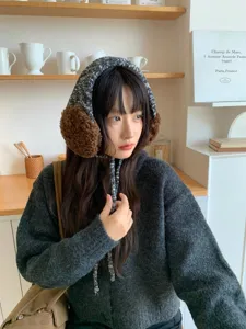 Women winter warm plush earmuffs cute checkered ear cover windproof outdoor thermal ear warmers
