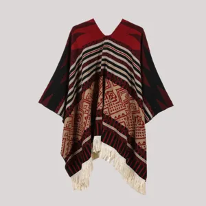 Ethnic style knitted pullover poncho with geometric patterns and fringe detail for women warm shawl