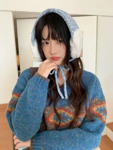 Knit plush earmuffs for women winter warm windproof ear warmer cute strap ear cover outdoor