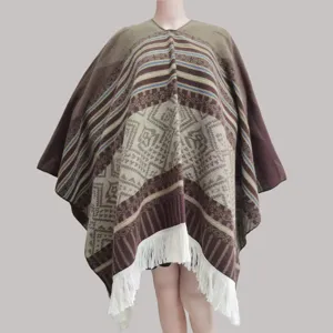 Ethnic knit poncho cape winter warm fringe shawl bohemian tribal wrap sweater coat outerwear