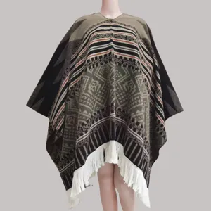 Ethnic style knitted poncho for women geometric pattern fringe hem cozy winter cape cloak