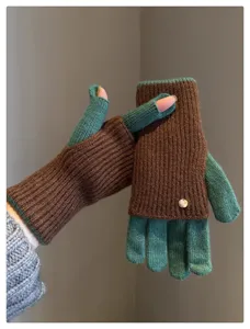 Gants d'hiver en laine tricotée colorblock pour femmes, gants chauds convertibles sans doigts.