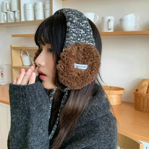 Winter Warm Plush Earmuffs For Women Cute Knit Colorblock Ear Warmers With Bow Straps Outdoor Windproof Cold Weather Earmuffs