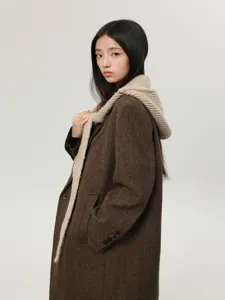 Korean style winter herringbone coat with beige knitted balaclava hood scarf set detail.