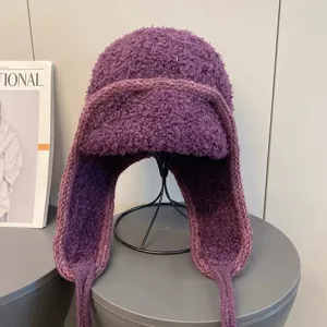 Violette Plüsch Ushanka Mütze für Damen, warme gefütterte Wintermütze mit Ohrenklappen Bändern.