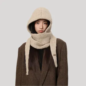 Korean Style Winter Warm Knitted Balaclava Wool Blend Hooded Scarf One-Piece Windproof Hat For Women