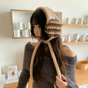 Winter Warm Plush Earmuffs Cute Striped Ear Warmers With Tie Soft Faux Fur Ear Covers For Women Cold Weather Daily Accessories