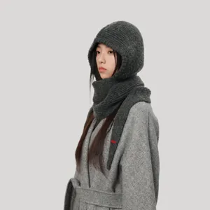 Dark grey knitted balaclava hood scarf winter warm ear protection cozy hat main view