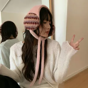 Korean winter warm plush earmuffs with straps sweet pink striped design soft cozy ear warmer
