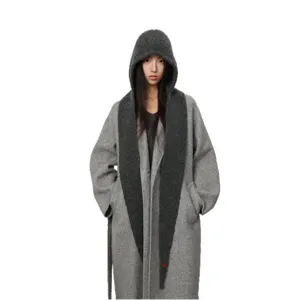 Korean winter knitted balaclava integrated scarf hat, warm wool blend thick grey stylish fashion accessory.