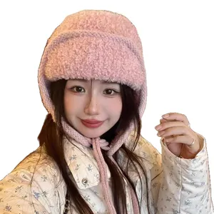 Koreanischer einfarbiger dicker Plüsch-Ushanka-Hut für Damen Herbst Winter süße Strickmütze