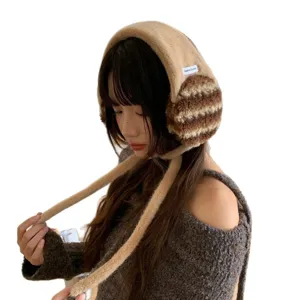 Korean style fuzzy plush earmuffs with headband and cute long ties for winter warmth