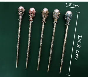 Vintage bronze hair stick with pearl and colorful rhinestones, elegant Chinese style hair accessory.