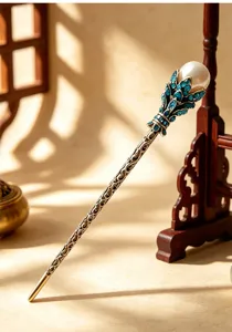 Exquisite vintage bronze hair stick detail, pearl and rhinestone hairpin for updos.
