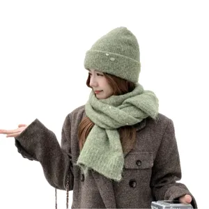 Soft knit beanie and scarf set for women, warm winter outdoor riding thick woolen cap.