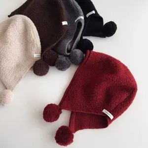 Korean winter 100% wool pom pom balaclava knit hat warm thick earflap cap for women main display