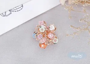 Detailed view of vintage alloy small hair claw clip featuring colorful soft pottery rose flowers.
