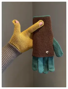 Gants de tricot colorblock femmes sans doigts convertibles chauds hivernaux doux