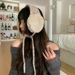 Fluffy knit earmuffs for women winter warm windproof outdoor ear warmer with cute straps.