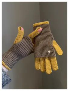 Gants en tricot bicolores d'hiver, mitaines en laine convertibles sans doigts pour femmes cyclisme.