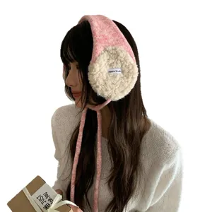 Pink knitted earmuffs with plush fleece and long tie straps, cute winter warm windproof ear warmer.