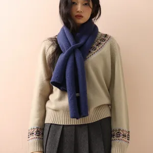 Damen stilvoller einfarbiger blauer Strick Kreuz Schal warmer Winter Mode gemütlich Hals