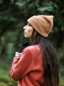 Women's pure wool winter knit beanie hat, outdoor thermal solid color rolled cuff slouchy cap.