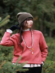 Outdoor warm pure wool knit beanie hat detail view, solid color cuffed design for winter.