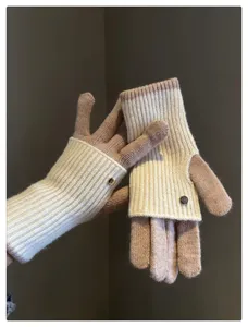 Gants tricotés convertibles femme sans doigts mitaines laine chaud bloc couleur