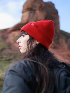 Women red winter beanie hat, warm wool knit cold cap, outdoor travel solid color slouchy hat.