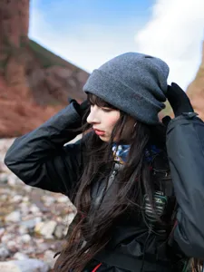 Outdoor winter warm grey knit beanie hat for women, pure wool cuffed soft casual cap style.