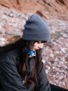Women outdoor warm 100% wool knit beanie hat solid color cuff winter cold cap detail shot