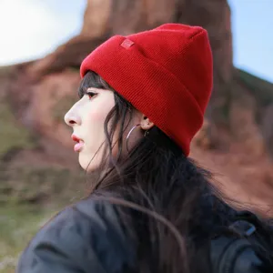 Red wool beanie hat for women, warm winter knit cap for outdoor travel and daily wear