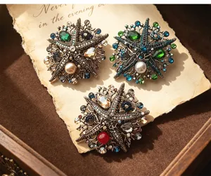 Vintage oversized rhinestone starfish brooch pin elegant alloy crystal pearl jewelry