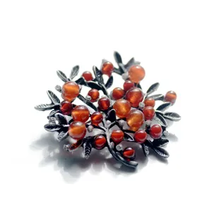 Vintage natural stone tree branch brooch exquisite metal leaf red bead sweater pin accessory detail