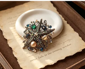 Vintage large rhinestone starfish brooch alloy crystal pearl corsage jewelry for women