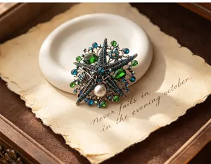 Vintage large rhinestone starfish brooch crystal pearl alloy corsage fashion jewelry