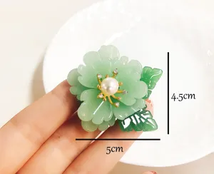 Green imitation jade flower brooch with freshwater pearl and rhinestones for women retro hanfu